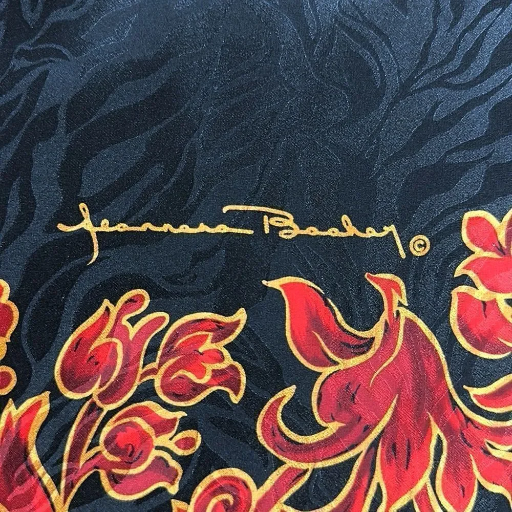 Jeannene Booher Silk Jacquard Scarf Black Red Gold Paisley Floral Hand Rolled